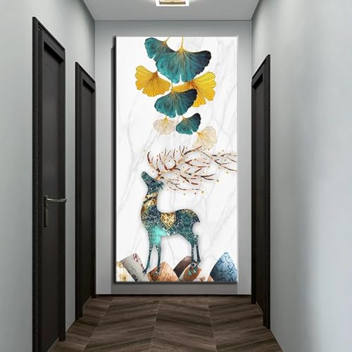 Feuille de plante verte avec cerf sur toile 80x160cm pour habiller un grand mur vide de salon