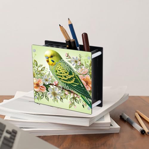 Image of DIY 5D Acrylic Diamond Painting Pen Holder - Vibrant Green Parrot Pencil Cup for Nature & Bird Decor, Perfect for Back to School Season, DIY Pencil Holder Crafts