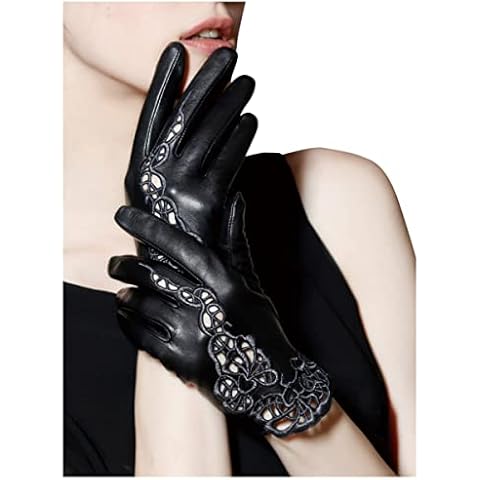 GSG Womens Elegant Leather Gloves Touchscreen Unlined for Driving Motorcycle Sheepskin Embroidery Lace Black Medium Cover