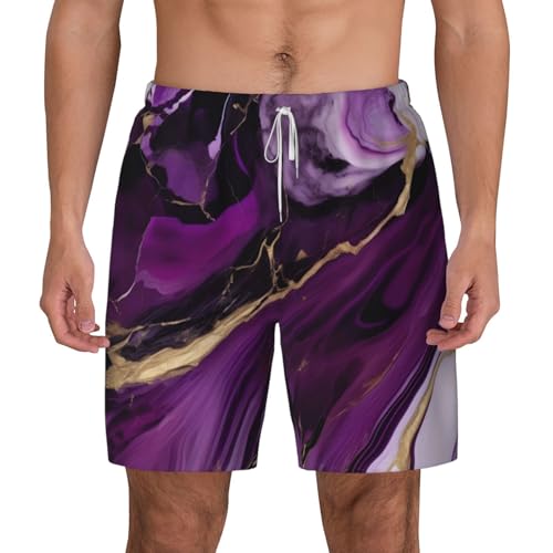 Dark Purple Texture Marble 1 Print Mens Swim Trunks Quick Dry Board Shorts Mesh Lining, Breathable Beach Surf Shorts