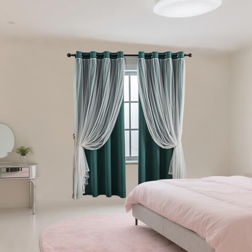 Image of Anytime Double Layer Blackout Curtains 2 Panels， 52Wx84L,Dark Green | Sheer And Fabric Window Drapes Grommet Top Solid Color Bedroom Living Room Home Decor