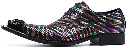 Santimon Men's Dress Derby Rainbow Stripe Metal Lion Embossed Shoes2