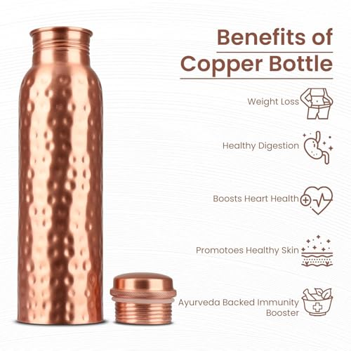 Image of KC Pure Copper Designer Water Bottle With Leak Proof Protection, Ayurveda And Yoga Health Benefits. (1000Ml, Pack Of 1 Unit, Hammered Design)