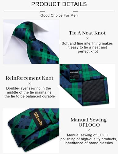 Image of DiBanGu Plaid Ties for Men Silk Checkered Necktie and Pocket Square Cufflinks Tie Clip Set with Gift Box for Wedding Business