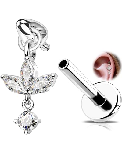 OUFER 16G Lotus Piercing Helix en Acier Chirurgical 316L, Pendentif Boucle d'oreille Filetage Interne en Marquise CZ Fleur Bijou de Piercing Labret, Tragus, Conch, Rook pour Femme 8 mm
