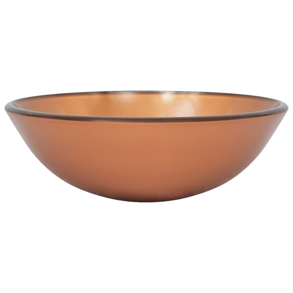 Lavabo de cristal con grifo y desagüe, redondo, marrón y dorado | Lavabo de cristal templado para baño con grifo y válvula de desagüe en color marrón y dorado.