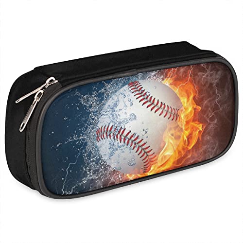 Image of 3D Baseball White Leather Pencil Case Pen Holder Large Capacity Stationery Organizer Pencil Bag with Water & Fire Baseball for Boys Girls Pencil Pouch Case for School College Office,Sports-Themed