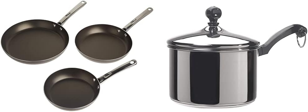 Farberware - 20065 Kitchen Ease Nonstick Frying Pan Set/Fry Pan Set/Skillet Set - 8 Inch, 10 Inch, and 11 Inch, Black & Classic Stainless Steel 2-Quart Covered Saucepan, Silver