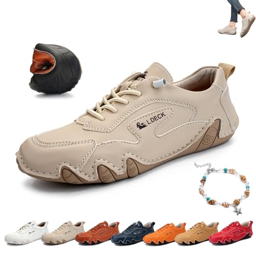 Women's Italian Handmade Leather Sneakers, Outdoor Soft Soled Non Slip Waterproof Casual Lightweight Breathable Walking Beck Shoes for Hiking Trailing Camping & Driving (Color : Beige, Size : US 6)