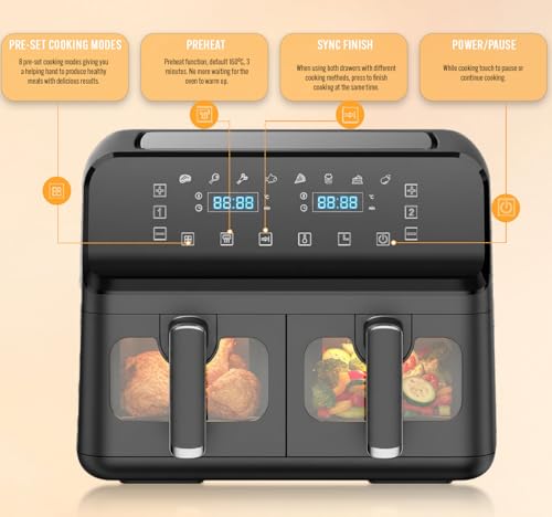 9L Dual Air Fryer with Digital Display, Healthy Oil Free 2500W Air Fryer with 8 Preset, LED One Touch Screen, Timer & Adjustable Temperature Control (9L(4.5L+4.5L) - Image 2