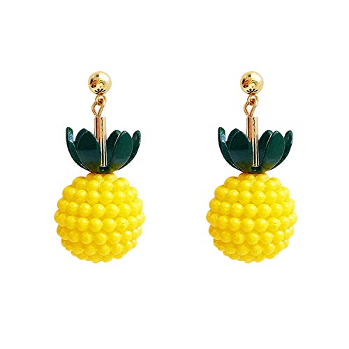 Just Follow Lovely Candy Color Beaded Pineapple Ball Leaf Drop Dangle Earring Summer New Temperament Fruit Ear Jewelry for Women Gift (Beaded Pineapple Ball Leaf Drop Dangle Earring-Yellow)