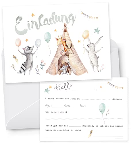 KOKO&LORA® Boho Tiere - Einladungskarten-Set zum Ausfüllen für Kindergeburtstag uvm. mit Umschlägen Cover