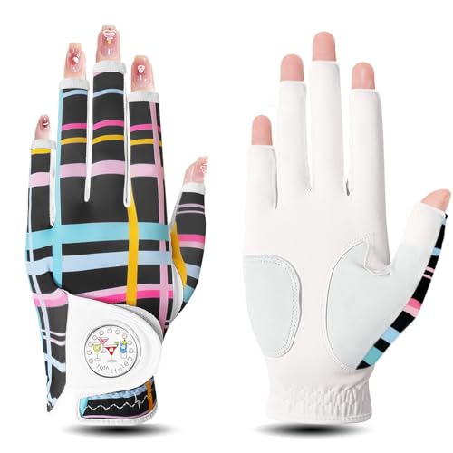 Golf Gloves Womens Left Hand Cabretta Leather with Ball Marker Half Finger Value Pack, Opti-Color Ladies Golf Glove Fashion Pattern Design Weathersof Stable-Grip for Perfect Swing (Colorful, M, Left)