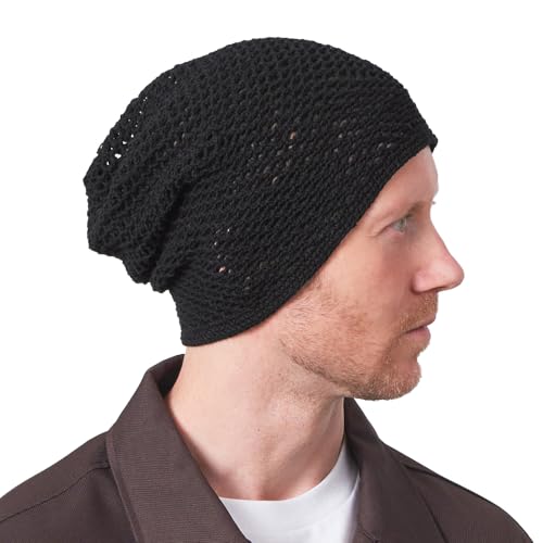 Gorro Hombre para El Verano De Punto Fino Y Grueso, Sombrero Y Gorra Mujer De Algodón 100%, Slouch Beanie Ligero Y Ventilado Hecho A Mano Negro