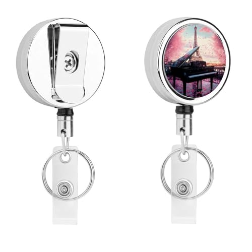Eiffel Tower Cherry Flowers Retractable Badge Holder Metal ID Name Holder Key Ring with Belt Clip