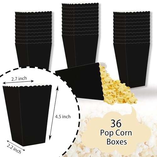 Image of 36 Pcs Black Popcorn Boxes 2 x 4.5 x 2.7 inch Mini Popcorn Boxes for Movie Decorations Cardboard Popcorn Container for Party Disposable Snack Popcorn Bags