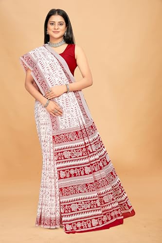 Image of TAMAIRA FASHION Mulmul Pure Cotton Saree For Woman Warli Printed|Office Wear Daily Wear Sarees For Women Without Blouse Piece(Available in 19 Colours)