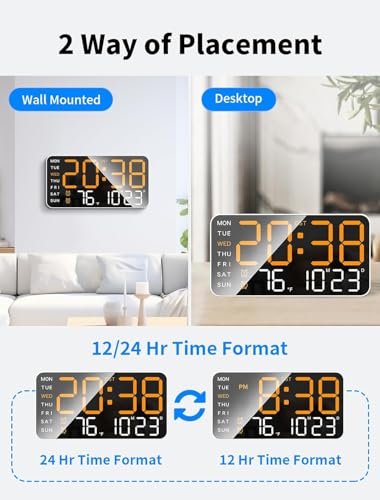 Image of Digital Wall Clock, LED Alarm Clock with Day & Date, Temperature. 5-Level Brightness for Home Office, Bedroom, Living Room, Classroom, Modern Decor Design (8.4''x4.3'') (Orange)