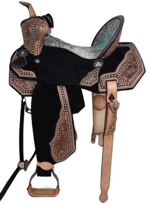 Western Wooden Tree Barrel Racing Horse Saddle Custom Cowboy Cowgirl Handmade Premium Leather Pleasure Comfort Trail Tack Equestrian Tooled Carved Saddle for Riding Size: 10-18 inch Seat, MO-02