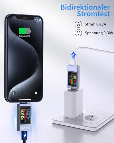 Image of USB C Tester Power Meter, 4-30V 0-12A Type-C PD Tester Digital Multimeter, Voltage and Current Tester Meter Voltmeter, Power Bank Capacity USB Cable Charger Detector (KWS-2303C)