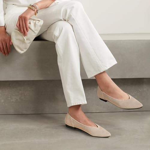 TINGRISE Women's Flats Shoes Pointed Toe Knit Ballet Comfortable Dressy Slip On Flat Beige 4.5UK - Image 6