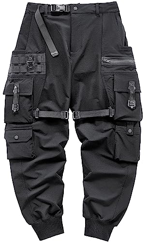 MOKEWEN Men's Buckle Bandage Straps Ankle Band Casual Cargo Pants with Pockets