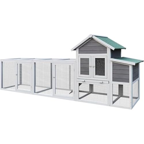 Outdoor Chicken Coop with Run, 122" Large Wooden Chicken Hutch Poultry Cage with Nesting Box, Leakproof Pull-on Tray & Waterproof Asphalt Roof, Multi-Level Hen House for 3-6 Chickens