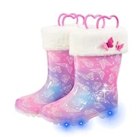 FUNCOO PLUS Toddler Rain Boots Kids Light up Snow Boots Boys Girls Waterproof Winter Boots with Removable Warm Lining, Little Kid Size 11, Butterfly
