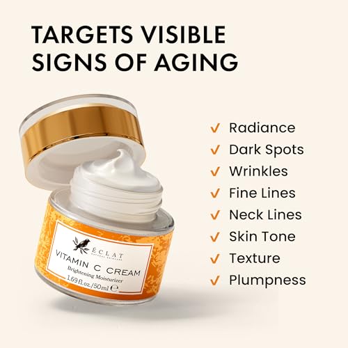 Eclat Skincare Vitamin C Moisturizer for Face with Hyaluronic Acid & Squalane - Face Brightening Cream - Anti Aging, Firming & Hydrating Vitamin C Cream for All Skin Tone 50 ml