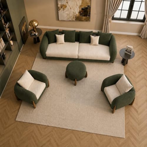 Image of Modern Boucle Sofa, Teddy Fabric, Solid Wooden Legs, for Living Room, Bedroom, Hallways (Forest Green & Off White)