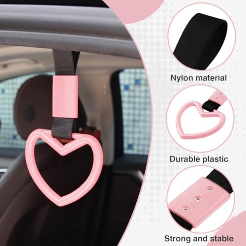 Image of 2PCS Heart Shaped Car Handle Straps, Rear Bumper Warning Keychain Ring with Drift Charm for Car Exterior Interior Accessories (Pink)