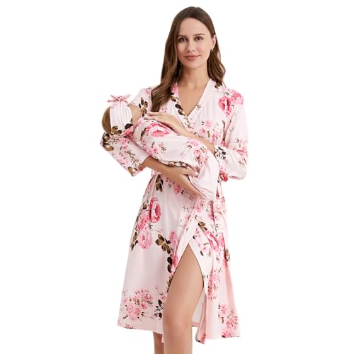 Image of Galabloomer Flower Maternity Robe and Baby Receiving Blanket, Matching Mommy Labor Delivery Robe and Swaddle Set