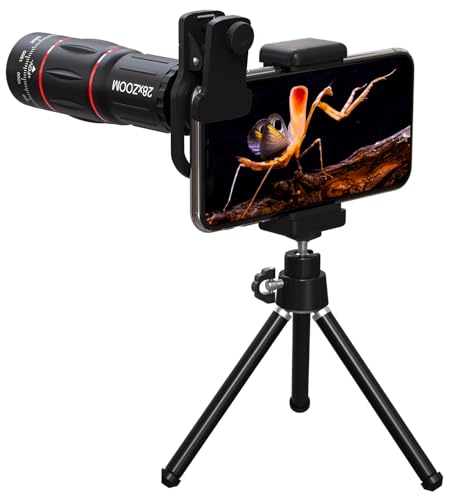 スマートフォン用カメラレンズ 4in1 スマホ 望遠レンズセット HD28倍単眼鏡+0.63倍広角レンズ+15倍マクロレンズ+198°魚眼レンズ 専用アイカップ レンズ クリップ式 三脚付き 収納バック付き 多機種対応 日本語説明書 YVU3