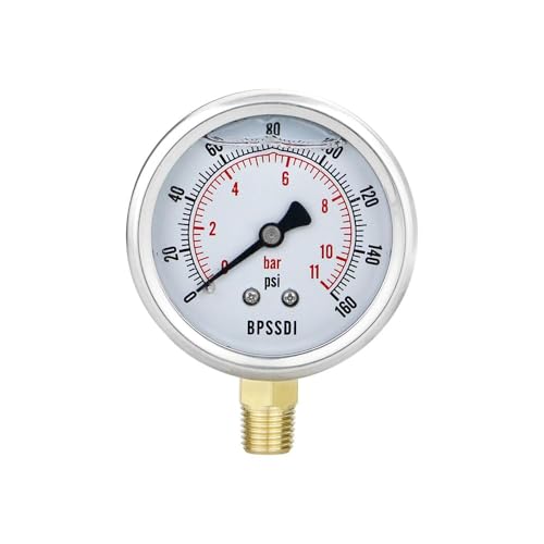 Image of 0-160 Psi Glycerin Liquid Filled Low Pressure Gauge, 2.5 inch Dial Size, 1 /4 inch NPT Lower Mount, 304 Stainless Steel Case, for Water Pump, Pneumatic Air, RV Hose, Gas Pressure Test