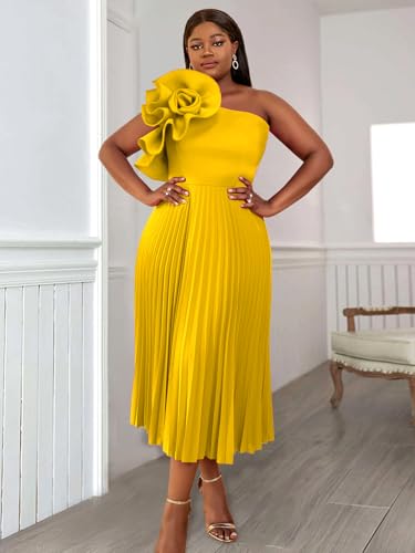 Image of AOMEI Women's One Shoulder 3D Flower Sleeveless High Waist Pleated A Line Long Dress Party Summer