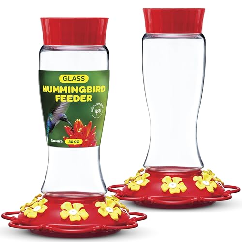 Hummingbird Feeder 30 oz [Set of 2] Glass Hummingbird Feeders for Outdoors - with Built-in Ant Guard - Circular Perch with 7 Feeding Ports - Wide Mouth for Easy Filling/2 Part Base for Easy Cleaning