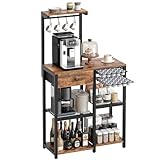 YATINEY Bakers Rack with Storage, 5-Tier Coffee Bar Station with Drawer, Kitchen Coffee Stand with Pod Drawer Holder, for Dining Room, Living Room, Home Cafe, Rustic Brown KF60BR