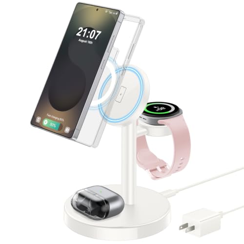 Image of Aeinidi Magnetic Wireless Charger for Samsung, 3 in 1 Super Fast Charging Station for MagSafe Charger Stand for Galaxy S26 Ultra Z Fold /Flip 8, Watch Ultra 8 7, Buds 4 /3 Pro, Not for Watch 9 /Ultra 2