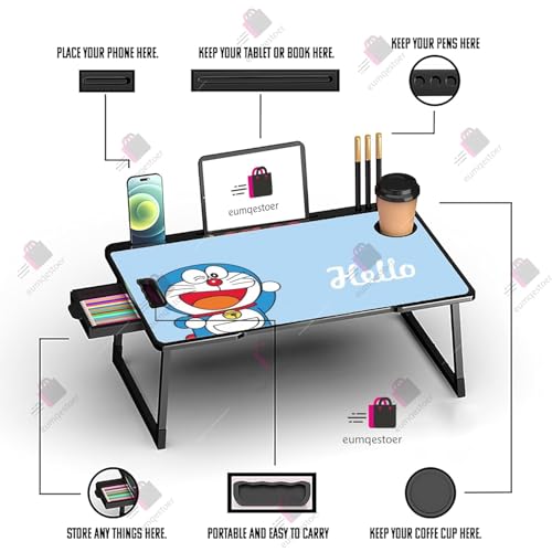Image of Foldable Wooden Mini Laptop Table for Bed, Study Table with Drawer, Tablet /Mobile Holder for Kids & Adults (US-DORAMON COTED)