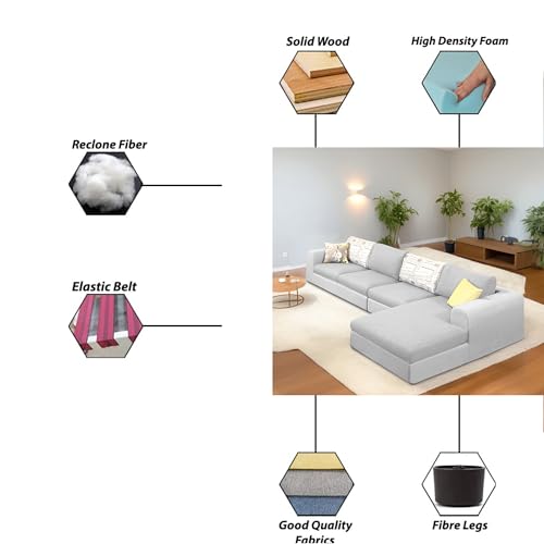 Image of Koza RHS 6 Seater L Shape Sofa Set for Living Room (Grey Fabric) Premium Fabric Sofa