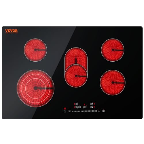 VEVOR Built in Electric Stove Top, 30 inch 5 Burners Ceramic Cooktop, 240V Glass Radiant Cooktop with Sensor Touch Control, Timer & Child Lock Included, 9 Power Levels for Simmer Steam Slow Cook Fry