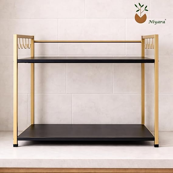 Image of Niyara Iron Metal Heavy Duty Stand 3-Tier Multistorage /Multipurpose Standing Rack, Bathroom Countertop Storage Shelf Cosmetic Organizer Holder Kitchen Spice Rack (Microwave stand black with gold .)