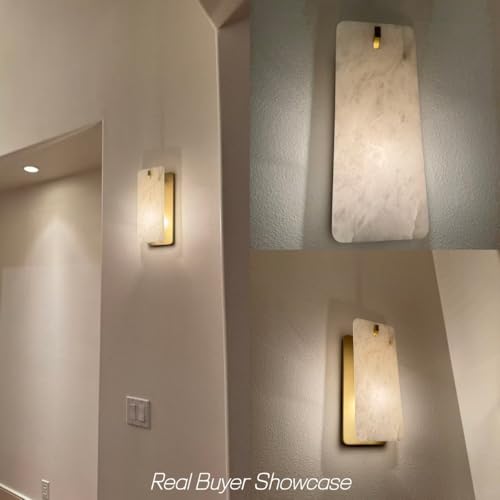 Image of 12 Inch Alabaster Wall Sconce, Natural Spanish Stone Brass Gold Wall Light, Modern Marble Sconces Dimmable E12 Hardwired Rectangular Vanity Light Fixture for Bathroom Mirror, Hallway Corridor(1 Pcs)