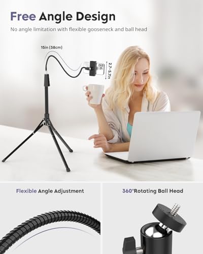 Aureday Phone Tripod, 92" Cell Phone Stand with 15" Gooseneck, Remote and Phone Holder, Overhead & Selfie Stick for Recording/Watching/Vlog, Compatible with iPhone Android Alternate view
