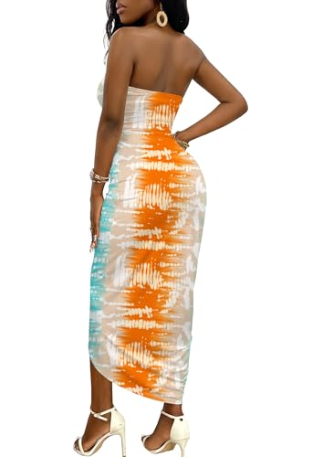 Image of Umenlele Women's Strapless Ruched High Waist Wrap Split Asymmetrical Beach Maxi Long Dress