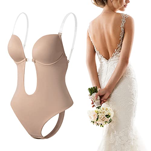 Body Shaper Femme Soutien-Gorge Push-up Body Gainant Dos Nu Bustier Bodysuit Col V Ventre Plat Backless pour Robe de Soirée (XL, Beige) Cover