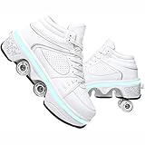 qmj Zapatillas con Ruedas para Niños Zapatos con Ruedas Patín En Línea LED Zapatos Multiusos 2 En 1 Botas De Patinaje Cuádruples Ajustables,White High top-EU37