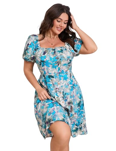 Sundresses for Women 2025 Casual Floral with Pockets Puff Sleeve Square...