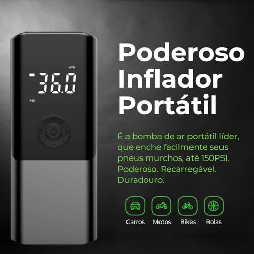 Bomba de Ar Portátil: Compressor Digital, 150 PSI, Bateria 4500mAh, Infla Pneus, Bolas, Colchões, Bo