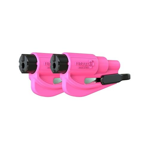 resqme Pack of 2,The Original Emergency Keychain Car Escape Tool, 2-in-1 Seatbelt Cutter and Window Breaker, Made in USA, Pink - Compact safety hammer